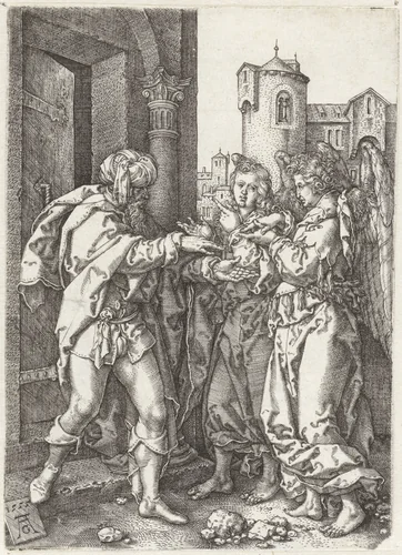 Lot verwelkomt de engelen by Unknown, print, 1555