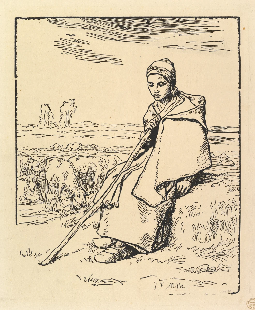 Seated Shepherdess by Jean-François Millet, print, 1830-1875
