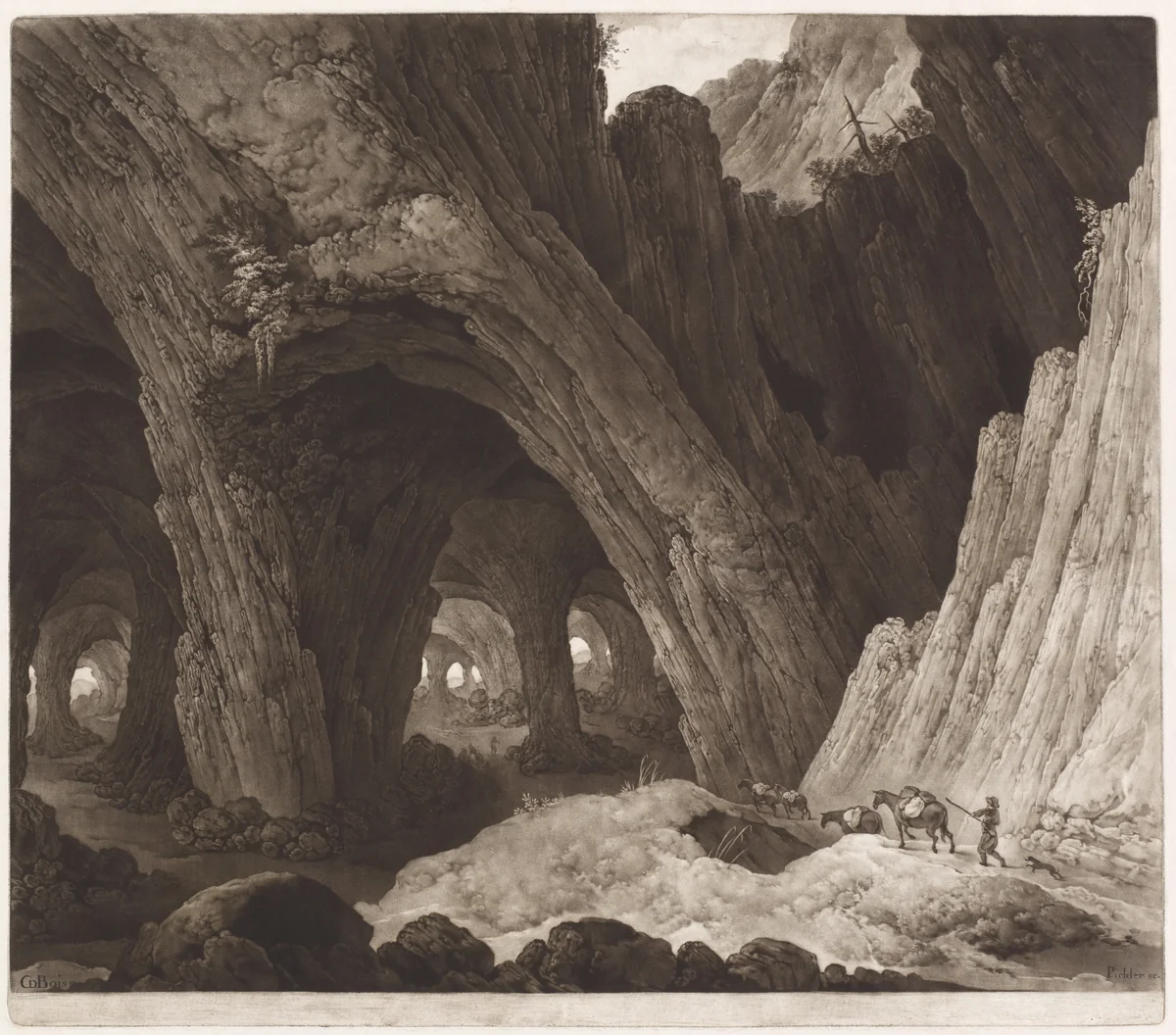 Travelers Resting in Gigantic Caverns by Johann Peter Pichler, print, 1795-1805