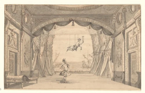 Gezicht op het podium van de schouwburg van Van Campen met een vliegende Mercurius by anonymous, drawing, 1665-1772