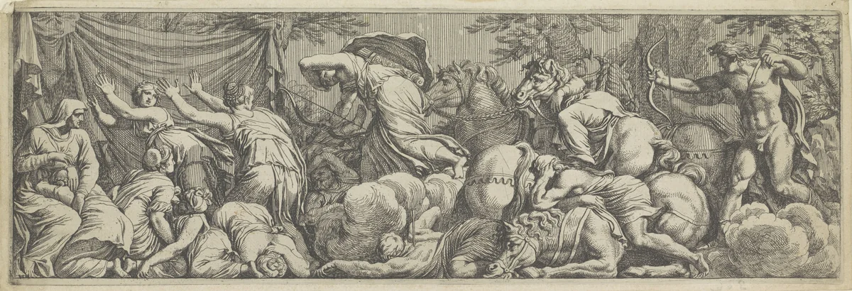 Apollo en Diana doden de kinderen van Niobe by anonymous, print, 1656