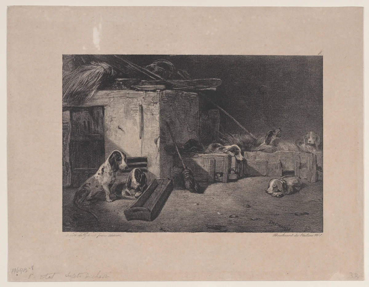 Interior of the Kennel, from "Hunting Scenes" by Alexandre-Gabriel Decamps, print, 1829