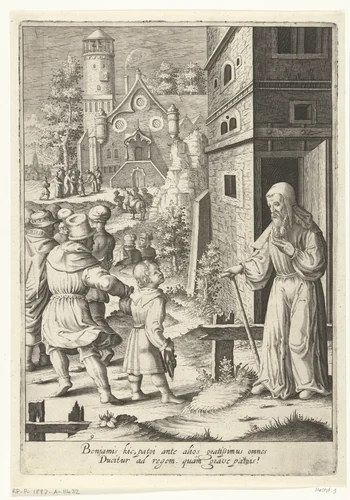 Jozefs broers vertrekken met Benjamin naar Egypte by Robert de Baudous, print, 1591-1659