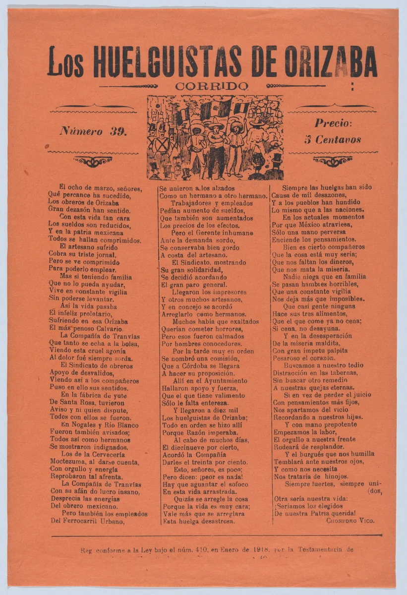 Broadsheet relating to a worker's strike in Orizaba, workers holding up the Mexican flag, flanked by soldiers by José Guadalupe Posada, print, 1920