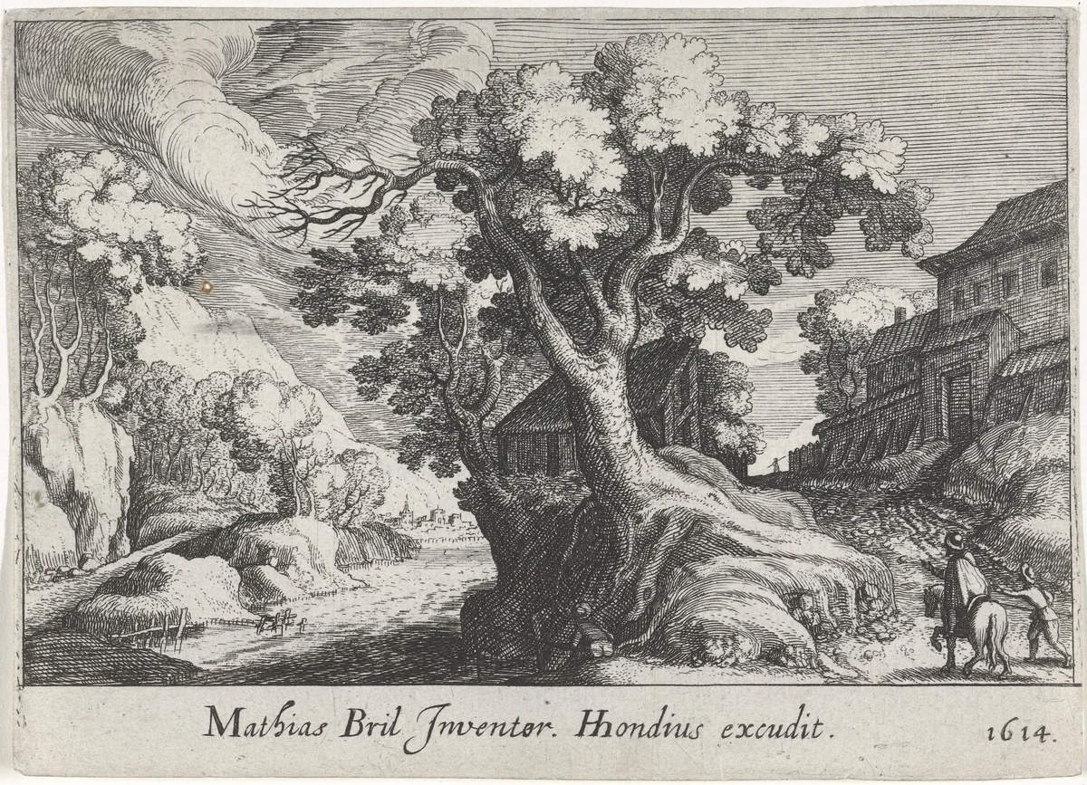 Rivierlandschap met een boom by Simon Frisius, print, 1614