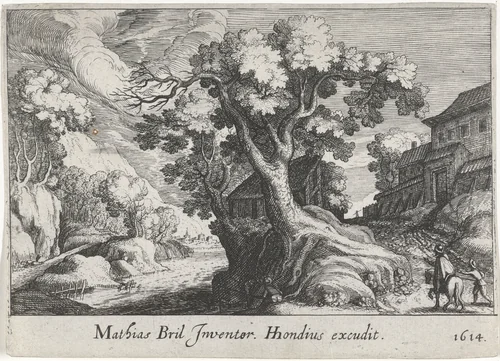 Rivierlandschap met een boom by Simon Frisius, print, 1614