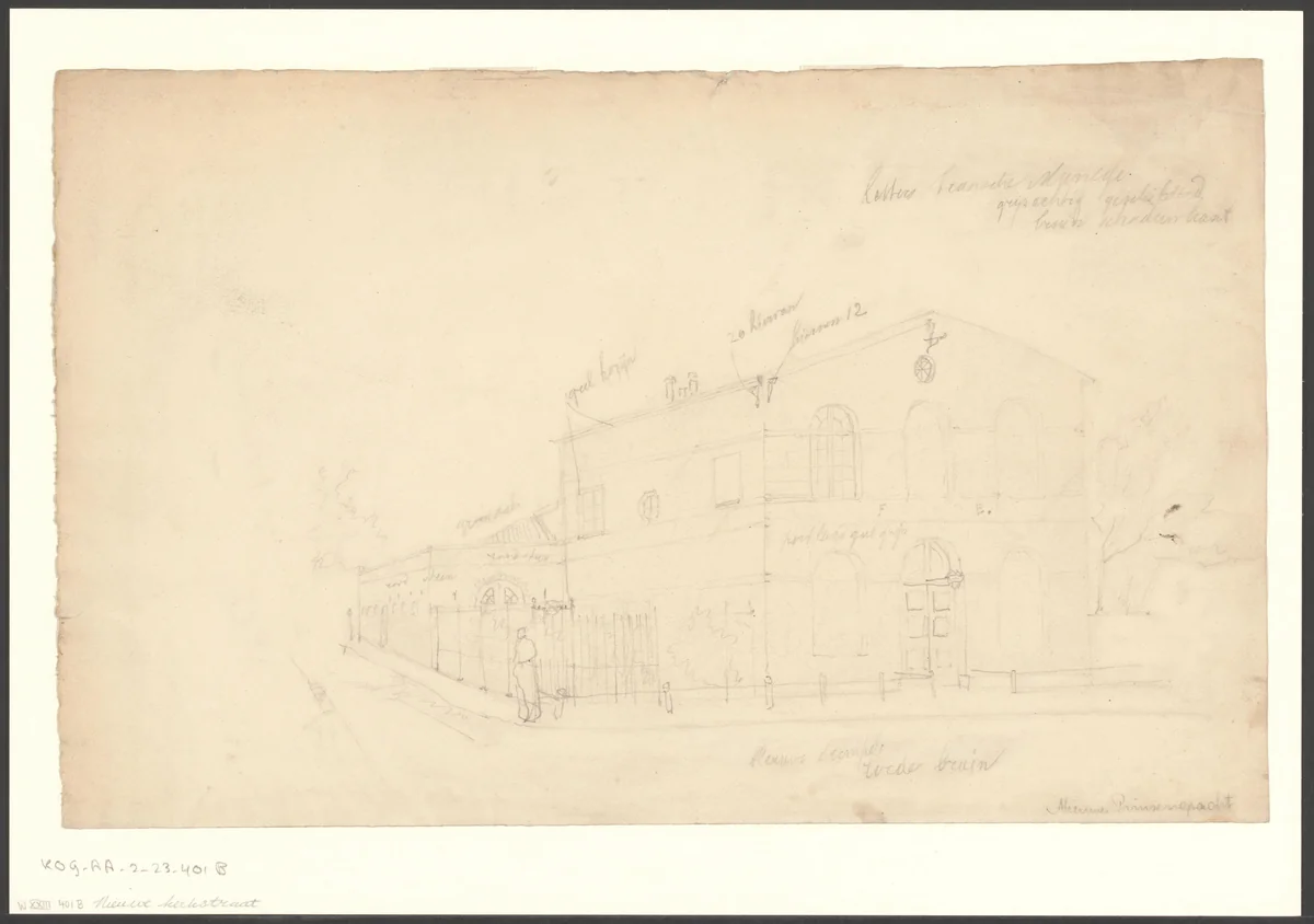 Gezicht op de Nieuwe Kerkstraat gezien naar de Franse Manege, hoek Manegestraat by Johan George Lodewijk Rieke, drawing, 1827-1888