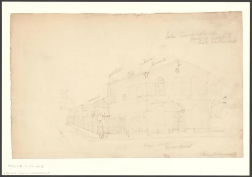 Gezicht op de Nieuwe Kerkstraat gezien naar de Franse Manege, hoek Manegestraat by Johan George Lodewijk Rieke, drawing, 1827-1888
