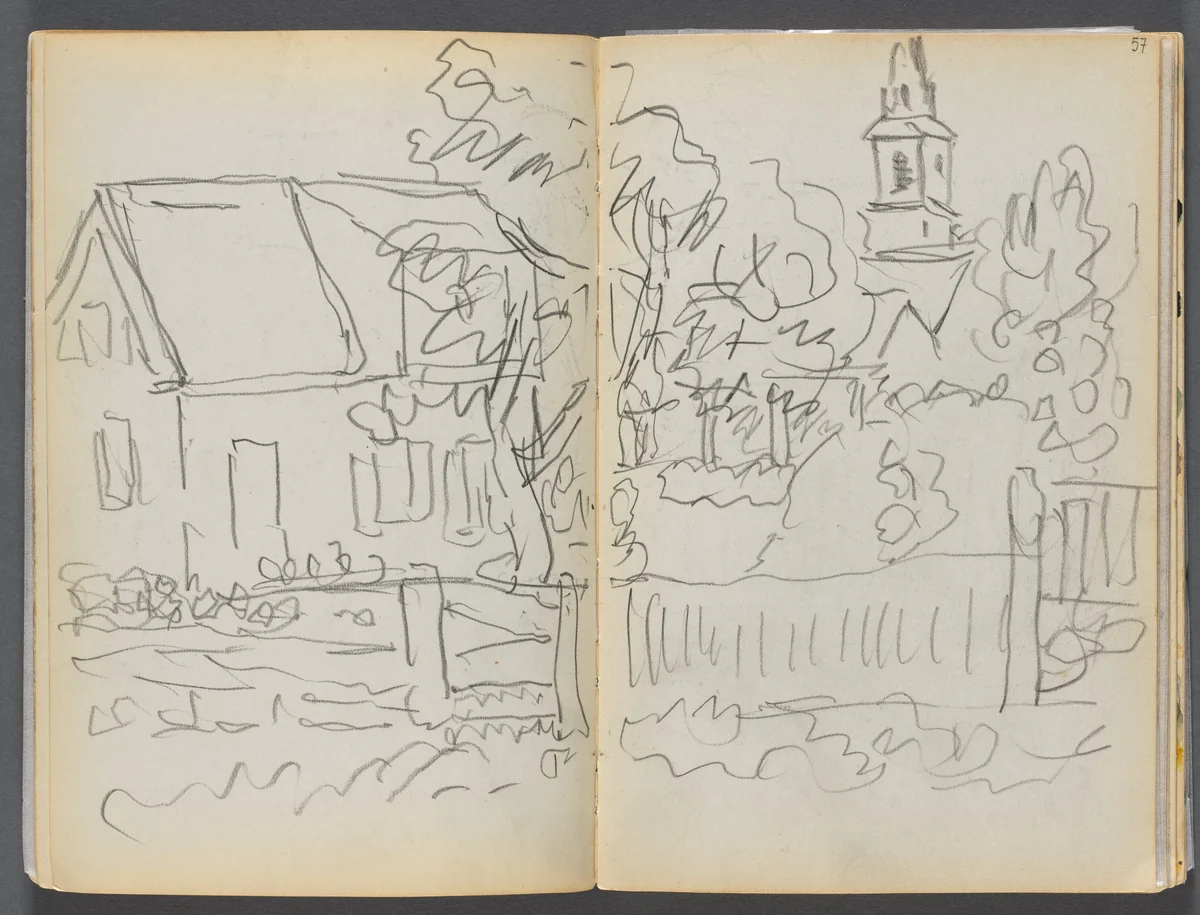 Sketchbook- The Granite Shore Hotel, Rockport, page 056 & 57: Village Scene with Church by Maurice Prendergast, book, 1905-1910