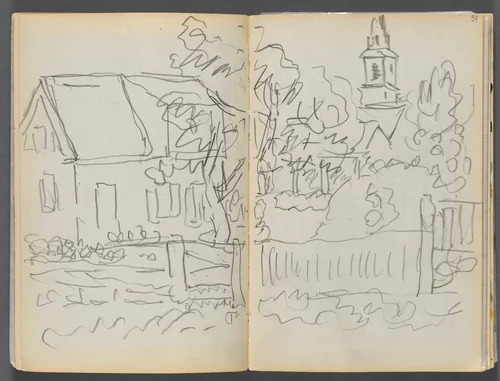 Sketchbook- The Granite Shore Hotel, Rockport, page 056 & 57: Village Scene with Church by Maurice Prendergast, book, 1905-1910