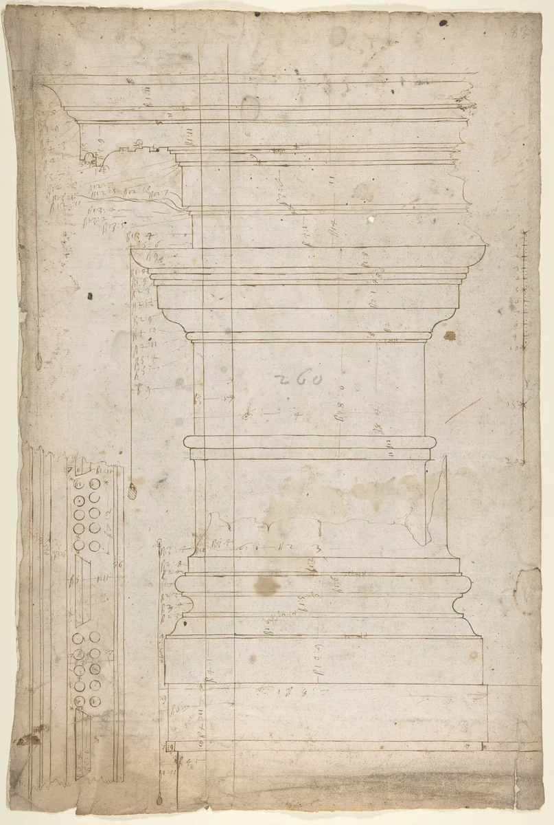 San Lorenzo, Library, pilaster, elevation; soffit, detail, plan (recto) San Lorenzo, Library, entablature, section (verso) by anonymous, drawing, 1500-1560