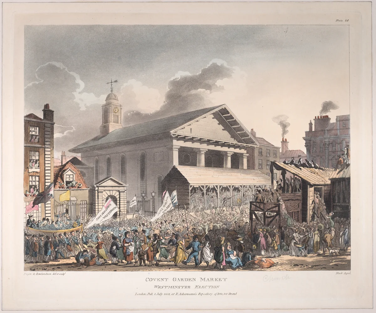 Covent Garden Market, Westminster Election by Thomas Rowlandson, print, 1808
