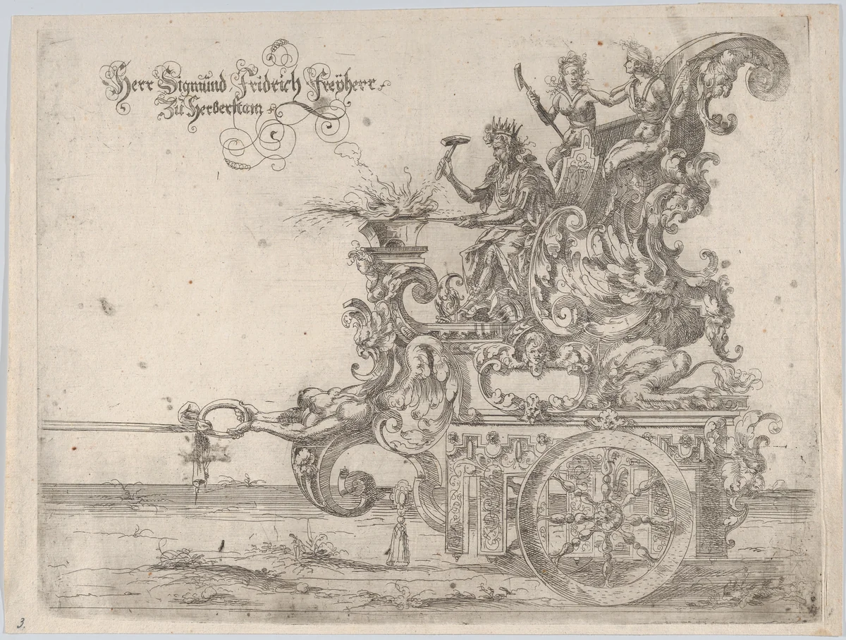 Procession, with a male and two female figures seated on a float by anonymous, print, 1500-1599