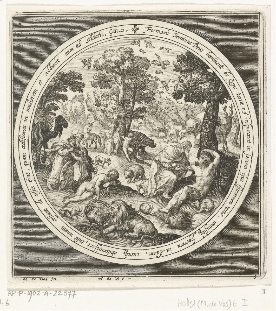 Zesde dag van schepping: God schept de dieren en Adam en Eva by Unknown, print, 1581-1656