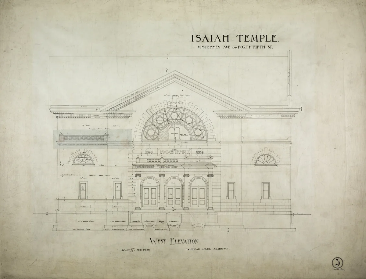 Isaiah Temple, Chicago, Illinois, West Elevation by Dankmar Adler, drawing, 1898-1899