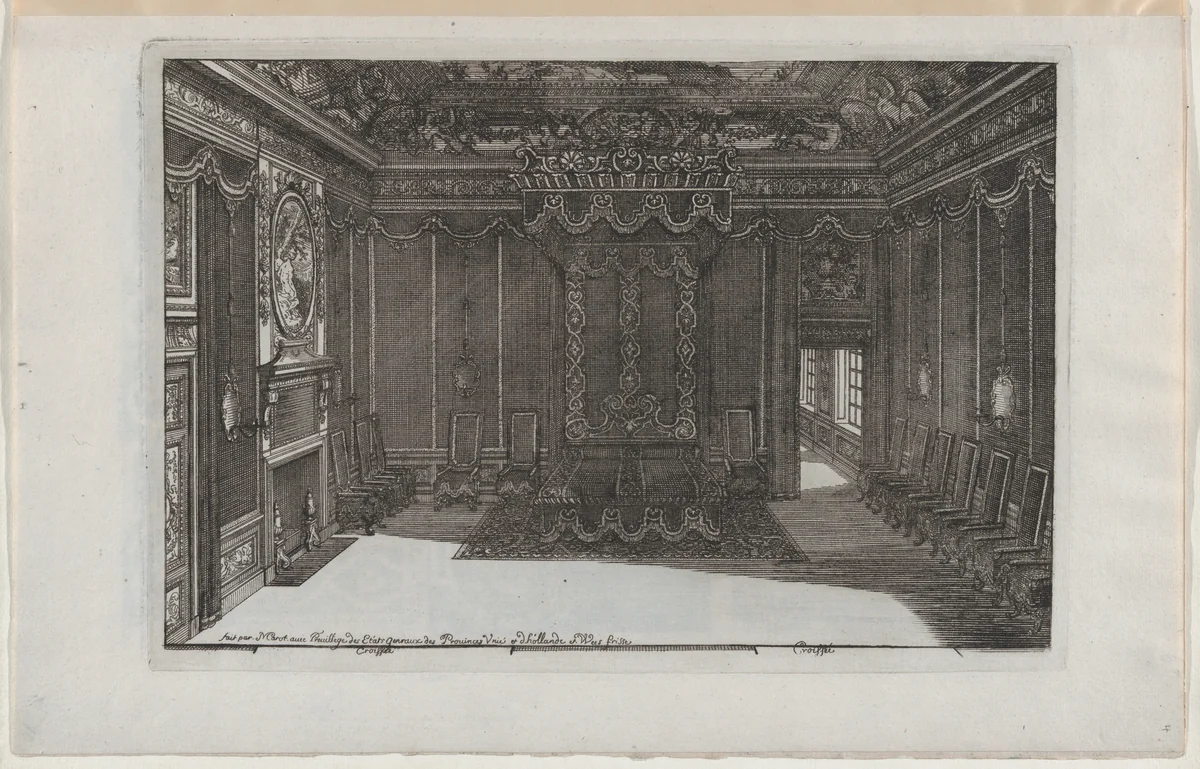 Interior with a Canopy Bed and a Row of Chairs Lining the Walls, from Nouveaux Liure da Partements, part of Œuvres du Sr. D. Marot by Daniel Marot, print, 1703-1712