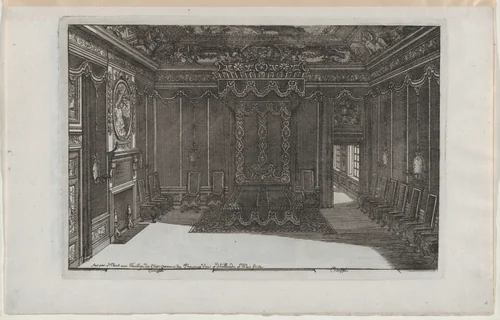 Interior with a Canopy Bed and a Row of Chairs Lining the Walls, from Nouveaux Liure da Partements, part of Œuvres du Sr. D. Marot by Daniel Marot, print, 1703-1712