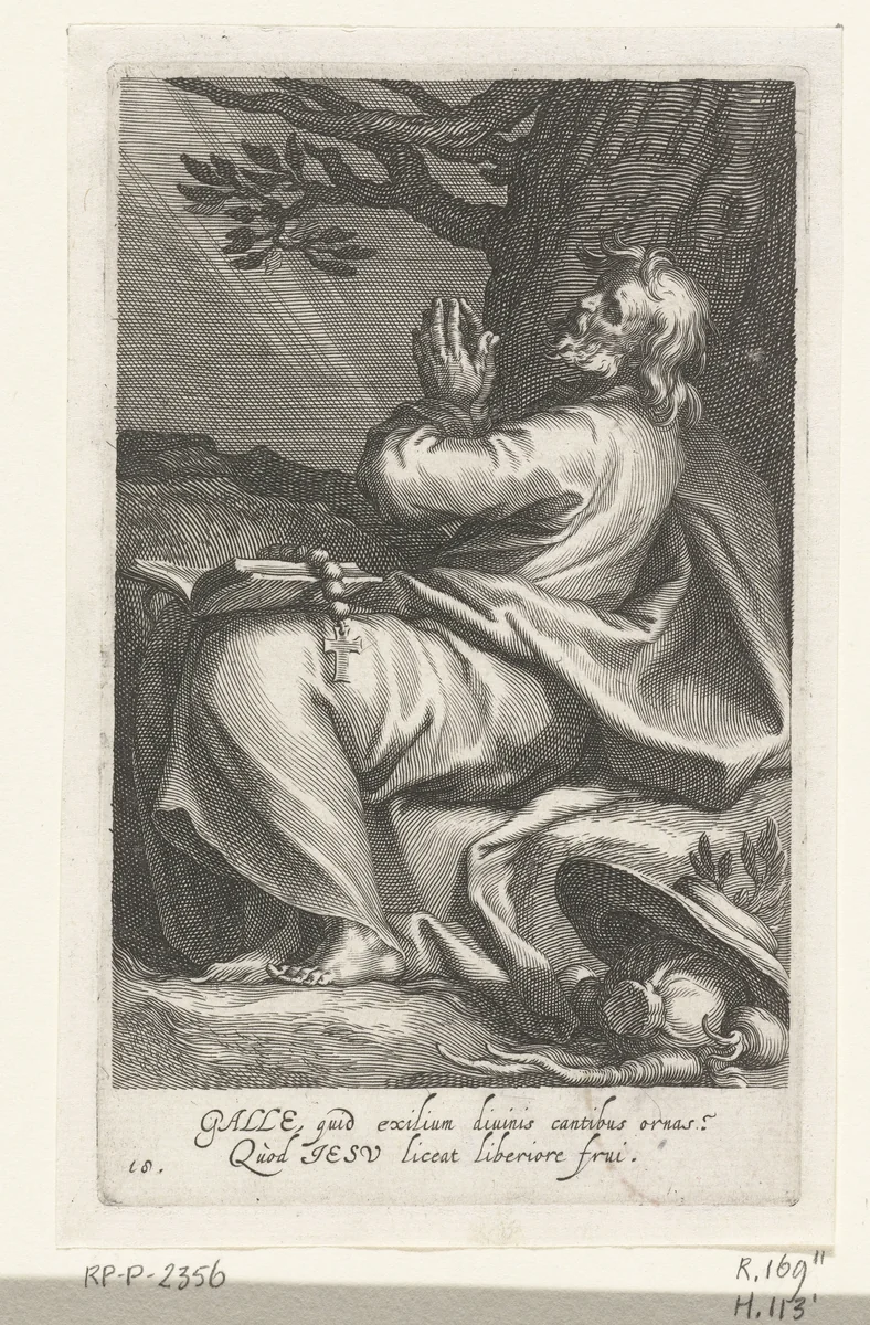 Heilige Gallatius van Helvetië als kluizenaar by Boëtius Adamsz. Bolswert, print, 1590-1612