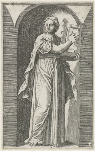 Muze met harp staand in nis by Marcantonio Raimondi, print, 1511-1520