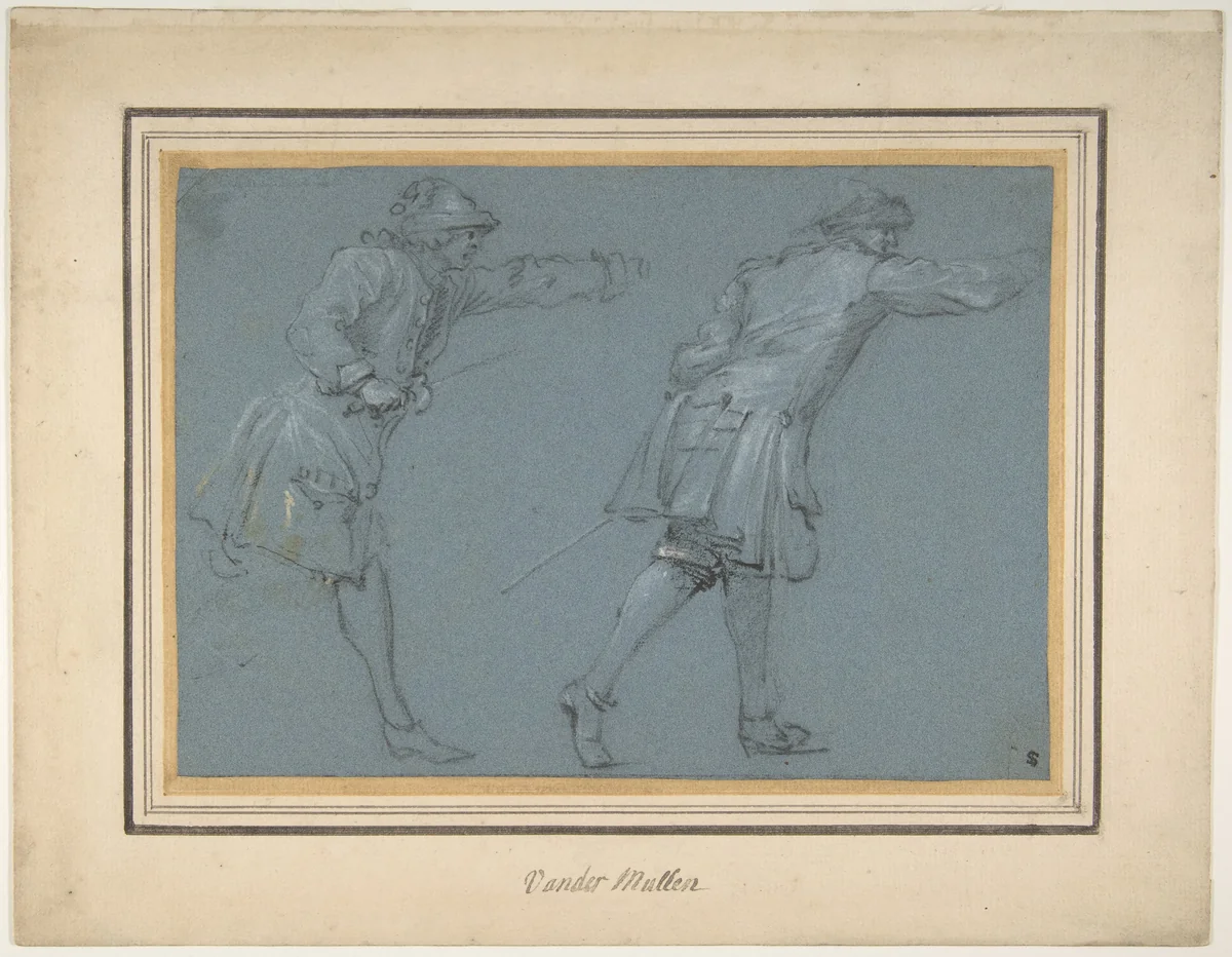 Study of Two Soldiers Swordfighting by Adam Frans van der Meulen, drawing, 1645-1690