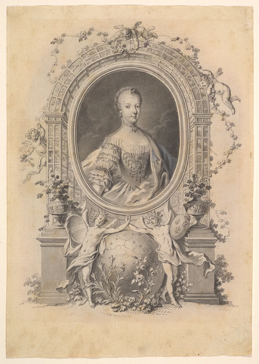 Portrait of Queen Marie-Antoinette in an ornamental frame by Johann Esaias Nilson, drawing, 1770-1788