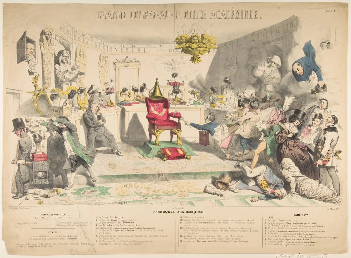 Grand Course-au-Clocher Académique, Planche 1: Perruques Académiques by Auguste Desperret, print, 1844