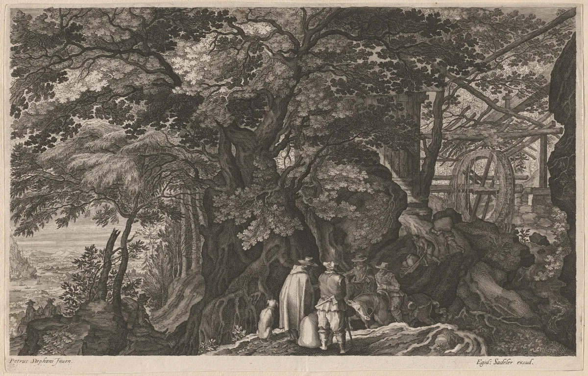 Ancient Trees by a Mountain Watermill by Aegidius Sadeler II; Pieter Stevens, print, 1600-1615