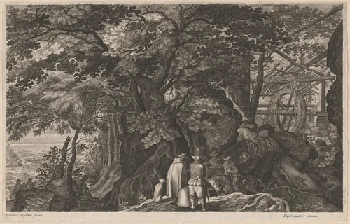 Ancient Trees by a Mountain Watermill by Aegidius Sadeler II; Pieter Stevens, print, 1600-1615