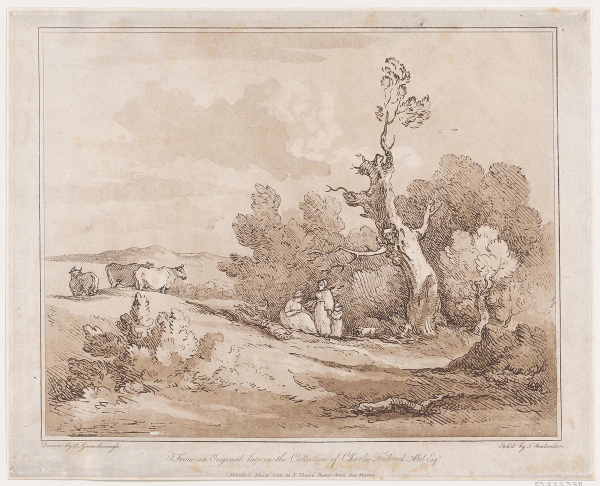 Landscape with Figures Collecting Wood Beneath Gnarled Trees, or, Cattle, River side by Thomas Rowlandson, print, 1789