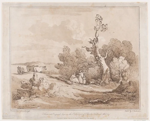 Landscape with Figures Collecting Wood Beneath Gnarled Trees, or, Cattle, River side by Thomas Rowlandson, print, 1789