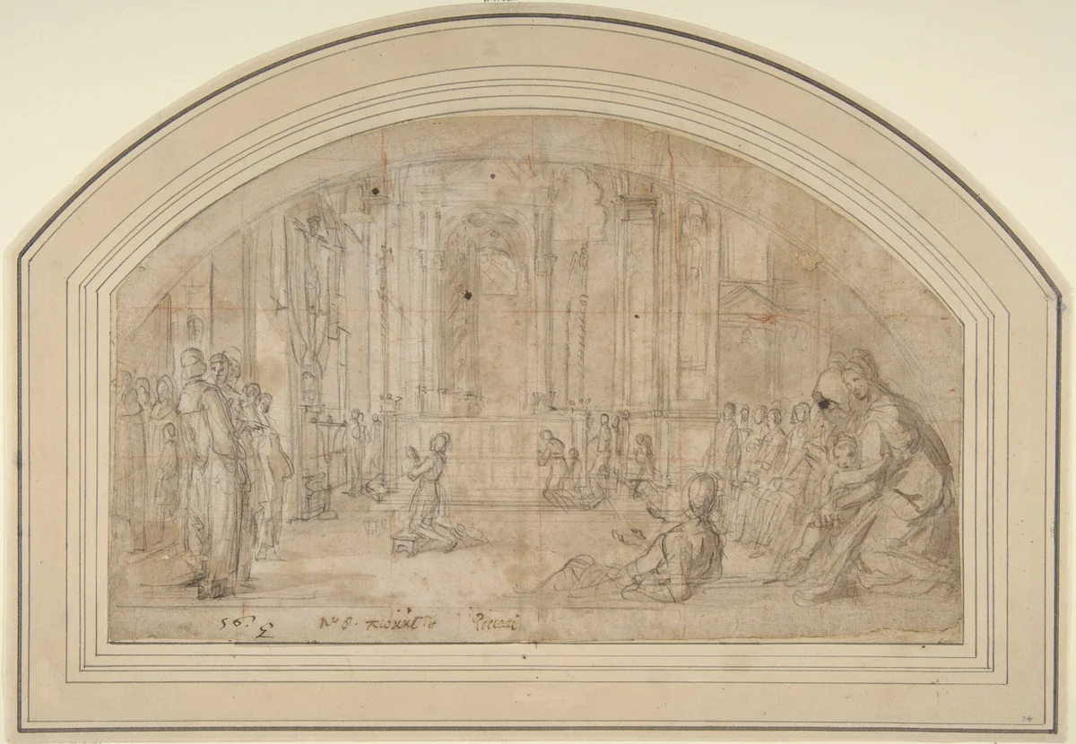 Saint Antoninus Kneeling before the Crucifix in Orsanmichele, Florence by Bernardino Poccetti, drawing, 1600-1605