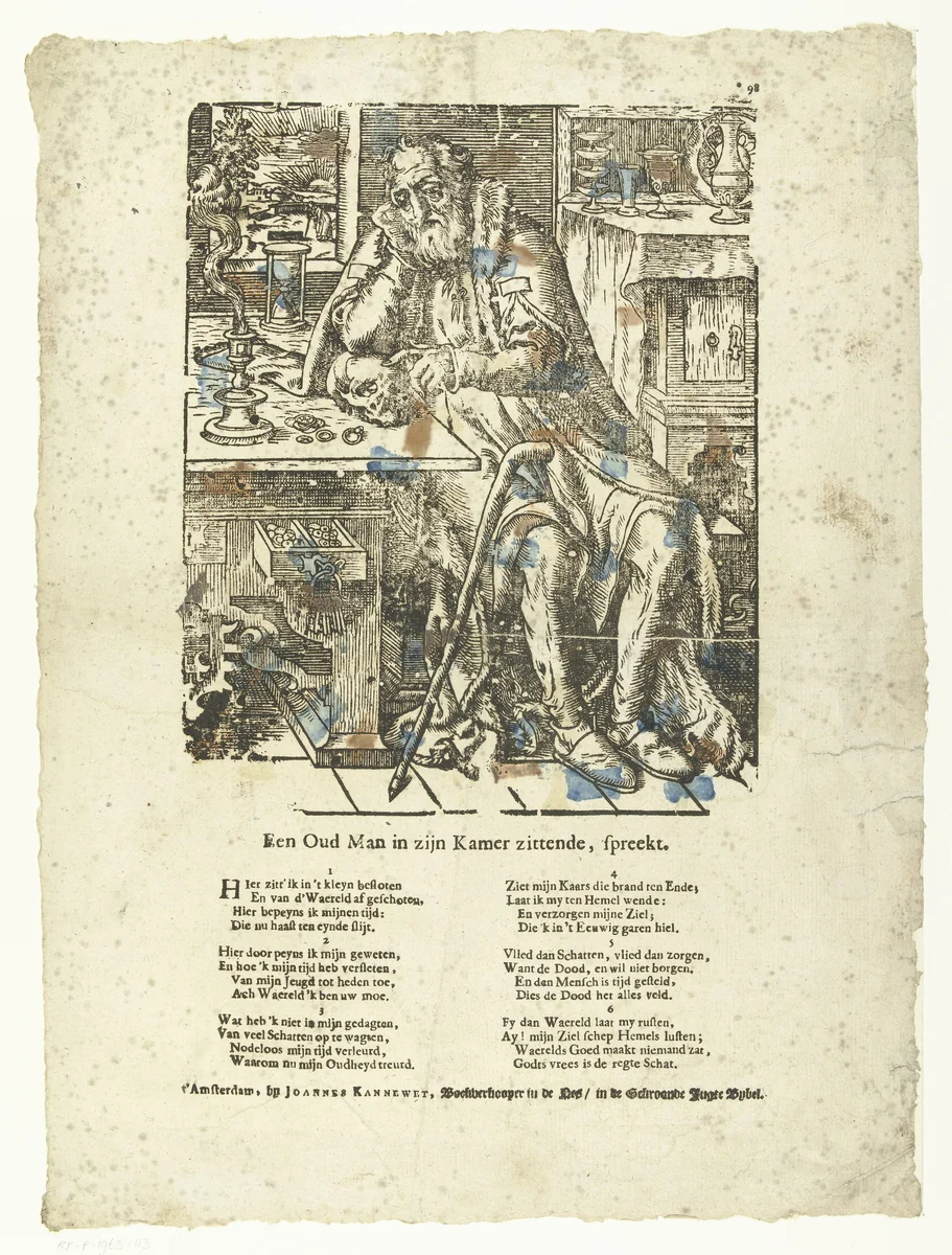 Oude man in zijn kamer (vanitas) by anonymous, print, 1550-1600