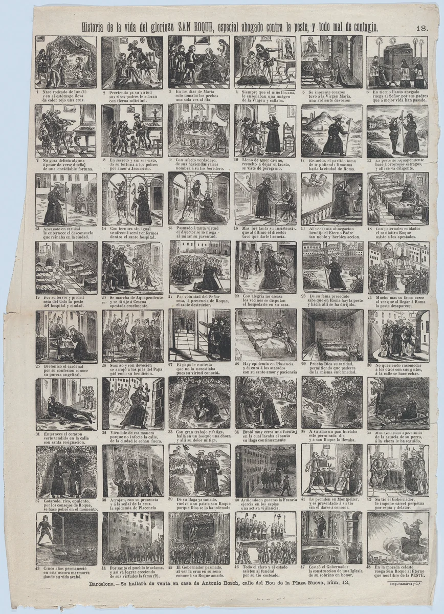 Broadside with 48 scenes relating to the life of Saint Roch (Roque) by José Noguera, print, 1860-1870