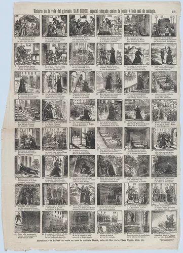 Broadside with 48 scenes relating to the life of Saint Roch (Roque) by José Noguera, print, 1860-1870
