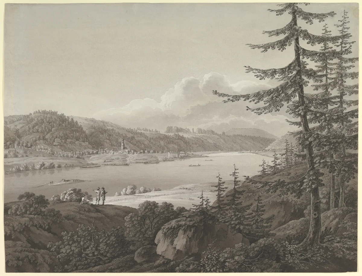 View of Bad Schandau at the River Elbe with the Winterberg by Adrian Zingg, drawing, 1750-1816
