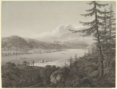 View of Bad Schandau at the River Elbe with the Winterberg by Adrian Zingg, drawing, 1750-1816