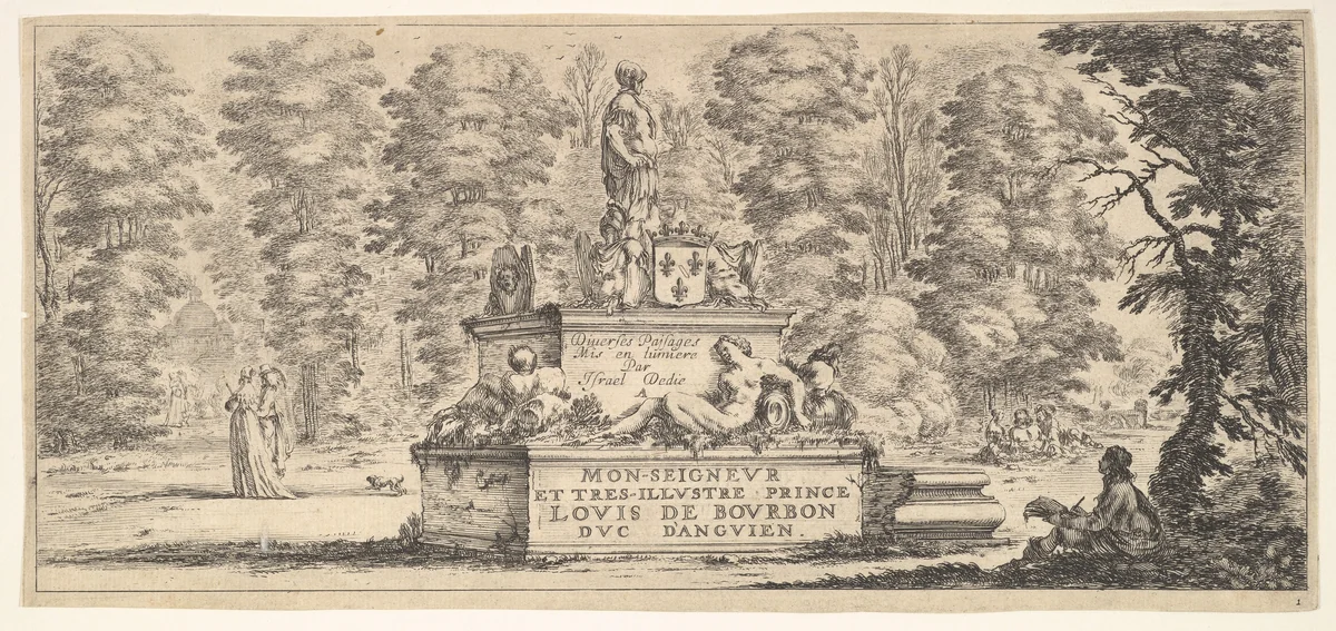 Plate 1: a monument with statues and a coat of arms in the center, a draughstman on the ground beneath a tree to right, two pairs of lovers to left in the background, from "Various Landscapes" (Divers Paysages) by Stefano della Bella, print, 1636-1646