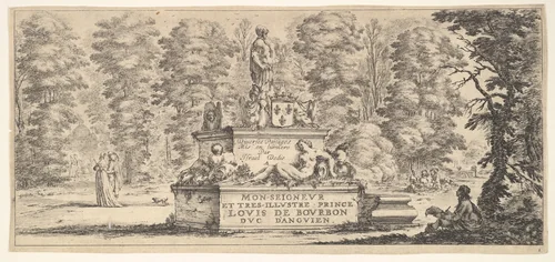 Plate 1: a monument with statues and a coat of arms in the center, a draughstman on the ground beneath a tree to right, two pairs of lovers to left in the background, from "Various Landscapes" (Divers Paysages) by Stefano della Bella, print, 1636-1646