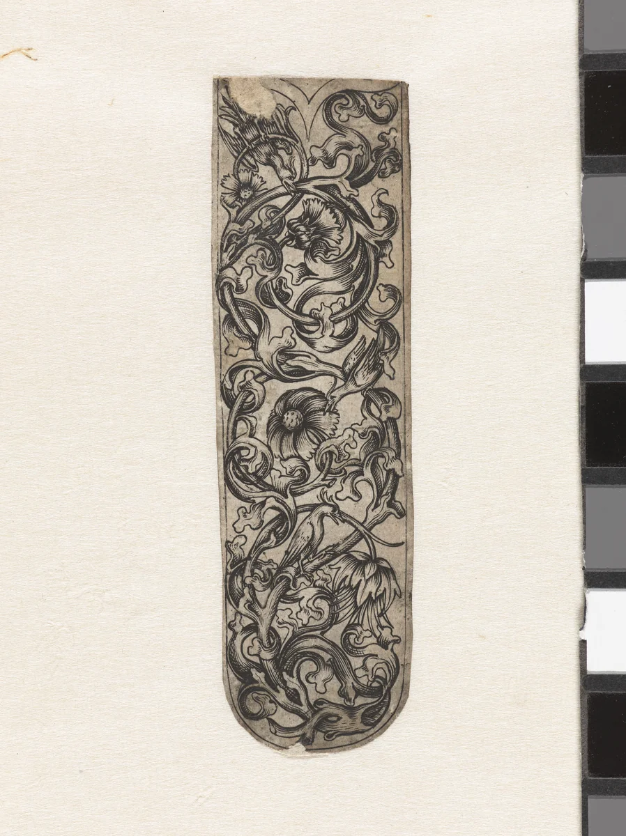 Rankornament met drie vogels by anonymous, print, 1400-1500