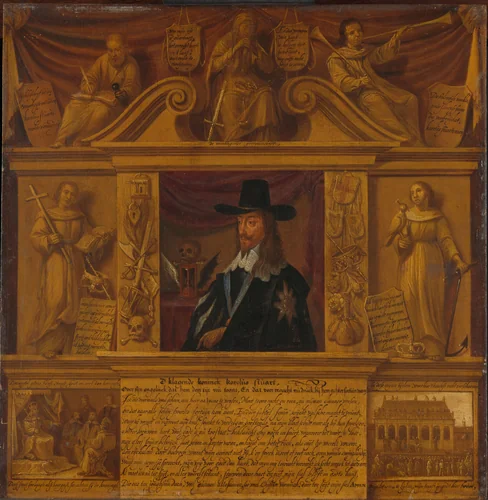 Portrait of Charles I, King of England, in a Frame with Allegorical Figures and Historical Representations by anonymous, painting, 1650