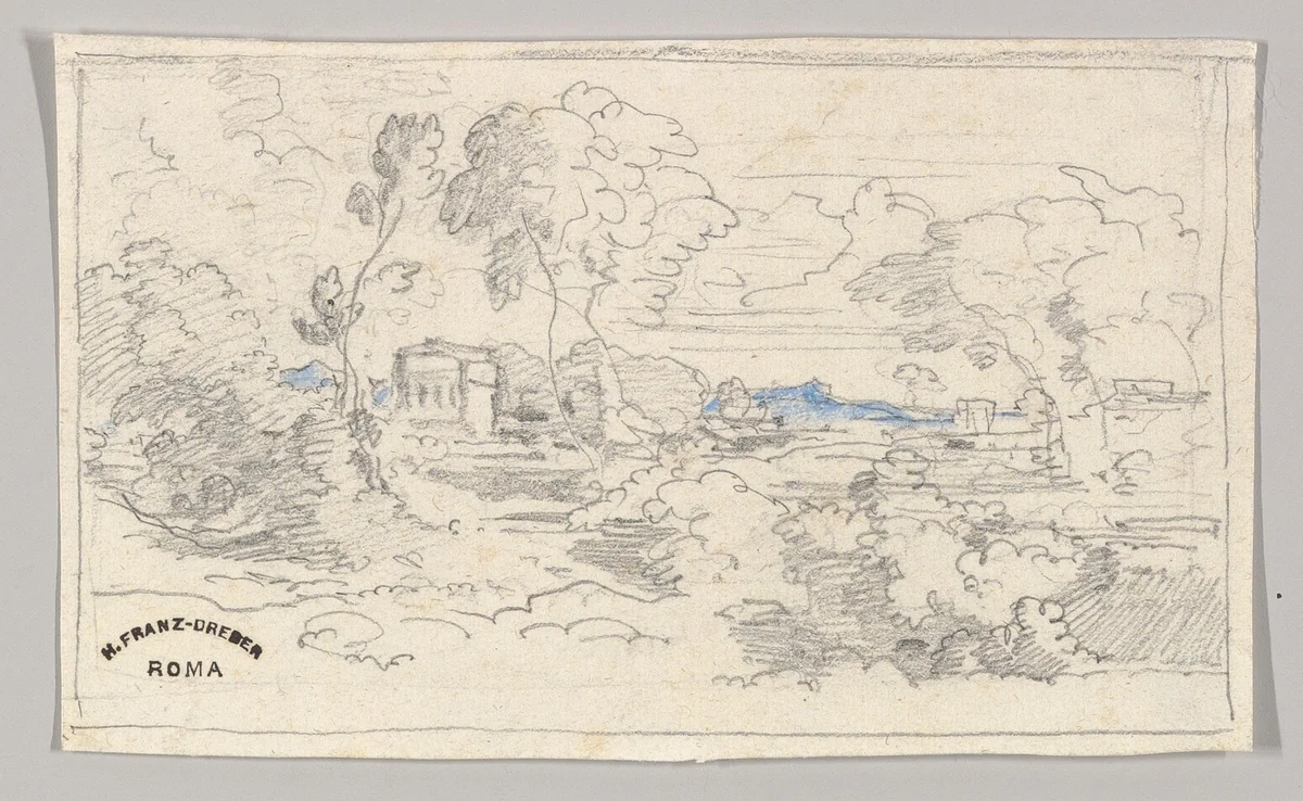 Southern landscape with a building by Heinrich Dreber, drawing, 1850-1863