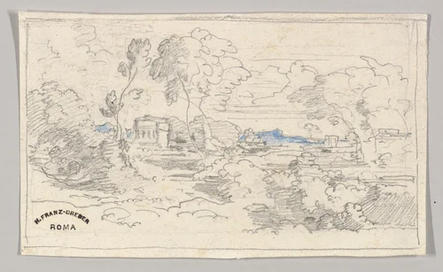 Southern landscape with a building by Heinrich Dreber, drawing, 1850-1863