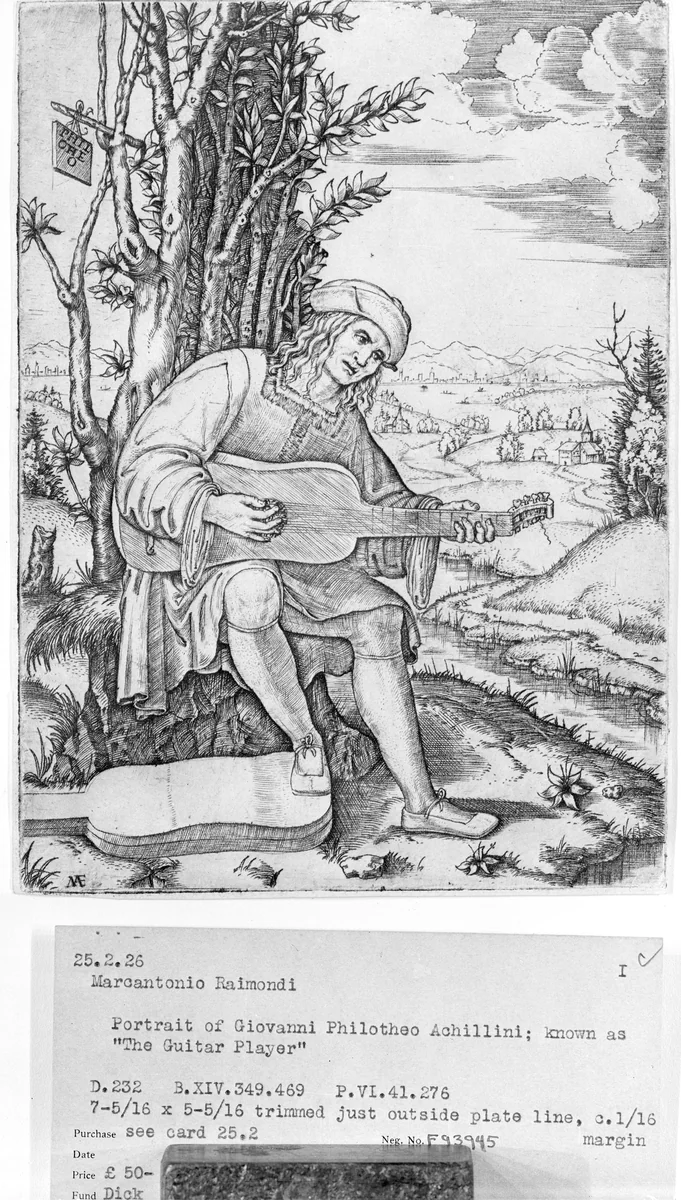 Portrait of Jean-Philotée Achillini: seated man playing guitar on hill near tree, landscape with small town in background by Marcantonio Raimondi, print, 1495-1539