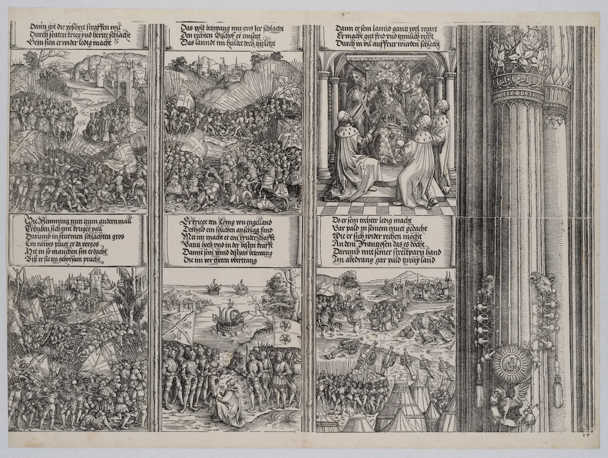 The First Flemish Rebellion; The Campaign Against Liège; The Coronation of Maximilian; The Second Flemish Rebellion; The Alliance Between Philip I of Castile and Henry VII; The Victory Against France, from the Arch of Honor, proof, dated 1515, printed 1517-18 by Hans Springinklee, print, 1515