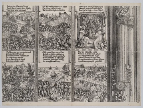 The First Flemish Rebellion; The Campaign Against Liège; The Coronation of Maximilian; The Second Flemish Rebellion; The Alliance Between Philip I of Castile and Henry VII; The Victory Against France, from the Arch of Honor, proof, dated 1515, printed 1517-18 by Hans Springinklee, print, 1515