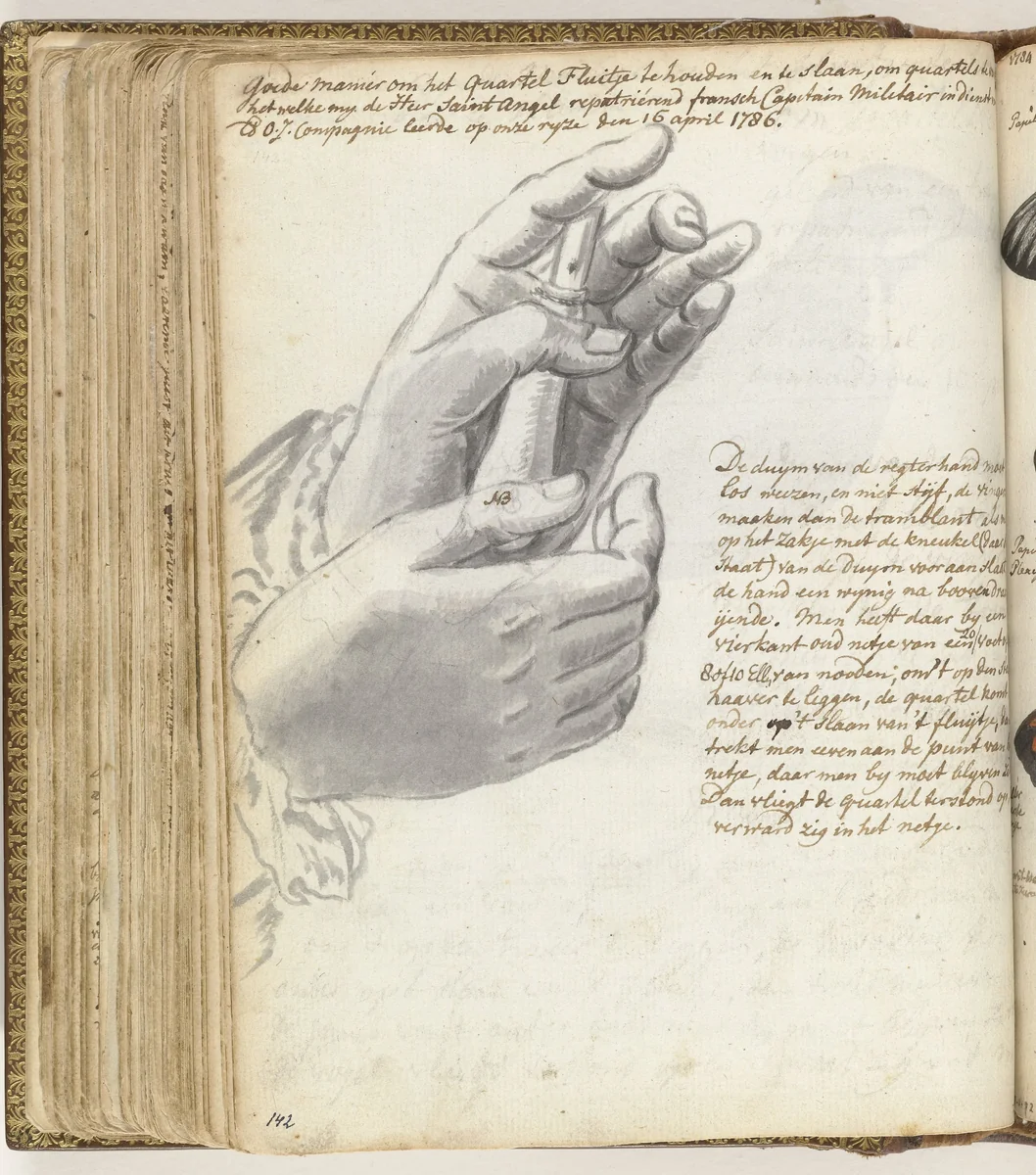 Manier om een kwartelfluit te hanteren by Jan Brandes, drawing, 1786