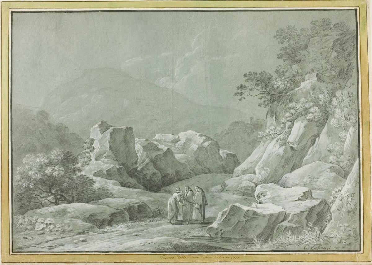 Two Monks giving Water to a Woman and Child in the Wilderness by Carlo Labruzzi, drawing, 1768-1818