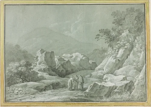 Two Monks giving Water to a Woman and Child in the Wilderness by Carlo Labruzzi, drawing, 1768-1818