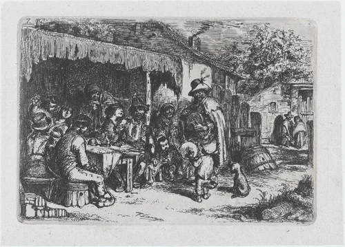 Plate 7: a street musician and a child accomplice playing before a group of seated figures , from the series of customs and pastimes of the Spanish people by Francisco Lameyer, print, 1850