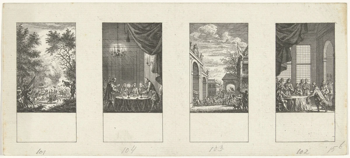 Vier episodes uit de vaderlandse geschiedenis by Simon Fokke, print, 1722-1784
